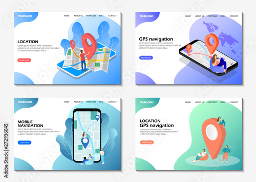 Startup landing pages. Mobile navigation, GPS navigation, location. Set of web pages. Modern web pages for web sites.