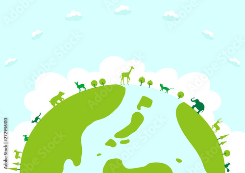 動物　シルエット　地球イラスト