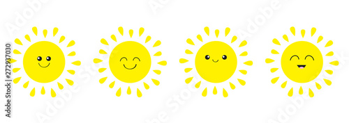 Sun shining icon set line. Kawaii face with different emotions. Cute cartoon funny smiling character. Hello summer. White background. Isolated. Baby collection. Flat design