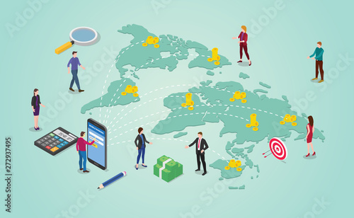 money transfer concept with people sending money around world destination global or international with isometric 2d style - vector