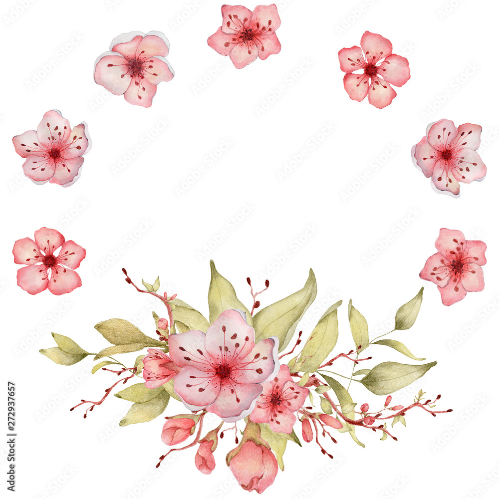 Sakura flowers watercolor illustration. Blossom petal wreath 