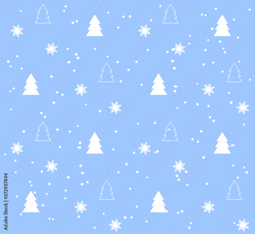Blue Seamless pattern with white Christmas trees