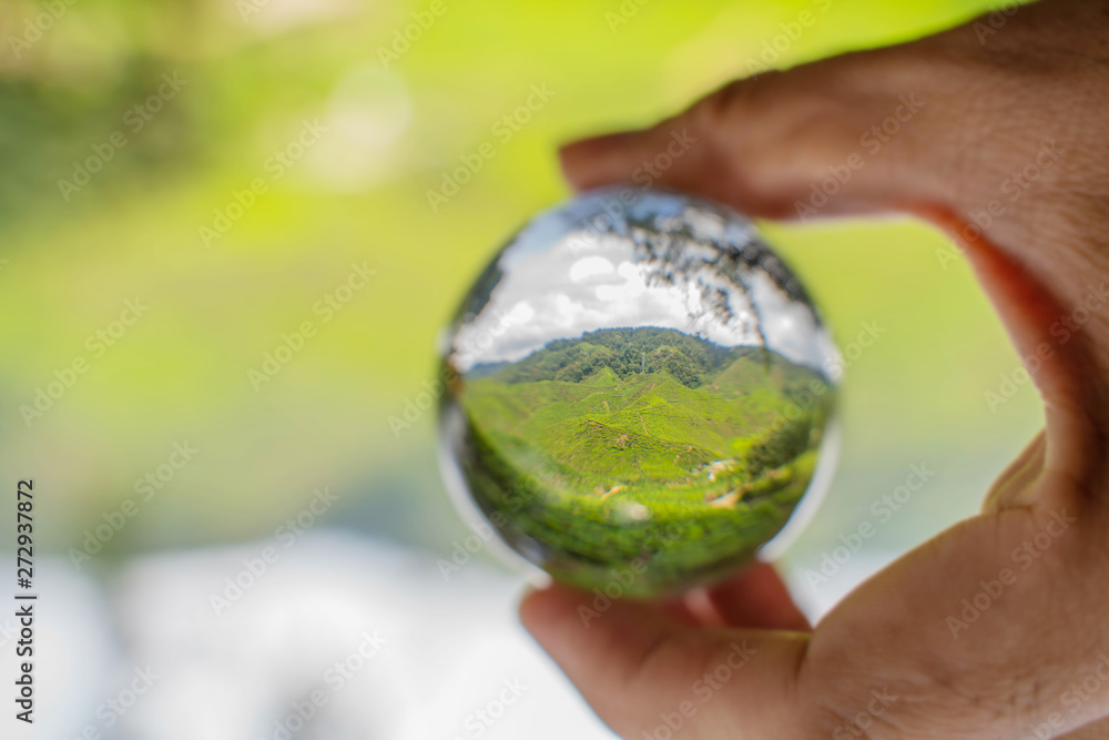 Reflection of blue sky, white clouds and tea plantation in a glass ball in holding hand