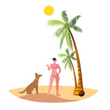 young woman with dog on the beach summer scene