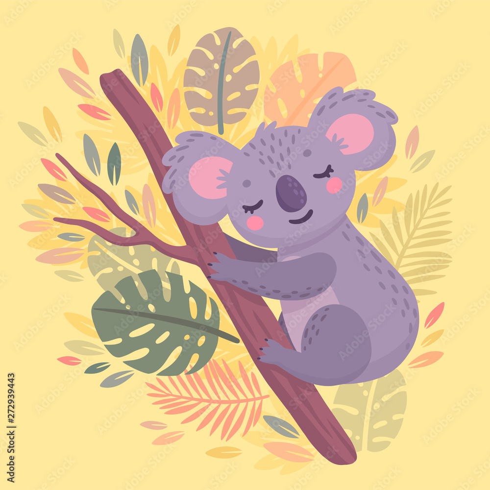 Obraz premium Cute hand drawn koala sleeping on the branch.