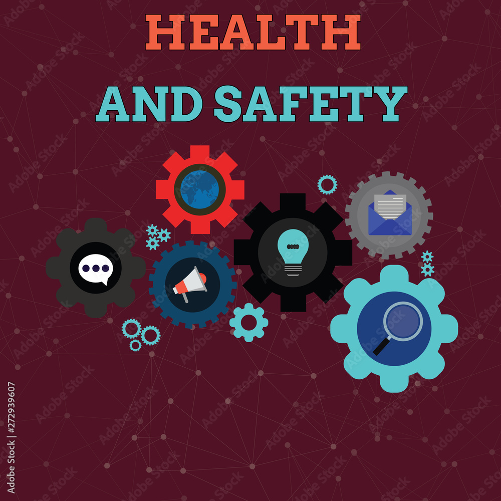 Fototapeta premium Handwriting text Health And Safety. Conceptual photo procedures intended to prevent accident in workplace Set of Global Online Social Networking Icons Inside Colorful Cog Wheel Gear