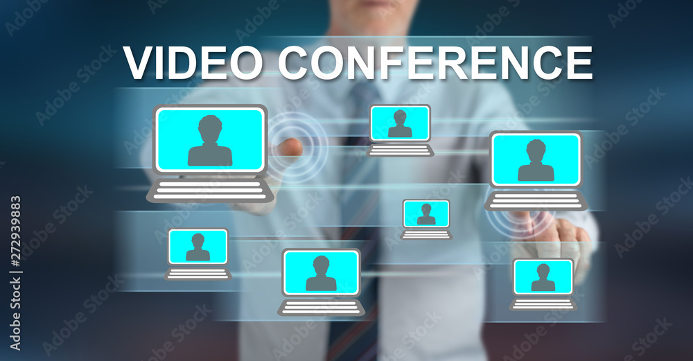 Man touching a video conference concept Man touching a video conference concept