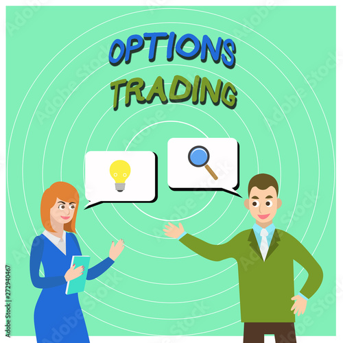 Conceptual hand writing showing Options Trading. Concept meaning Different options to make goods or services spread worldwide Business Partners Colleague Jointly Seeking Problem Solution