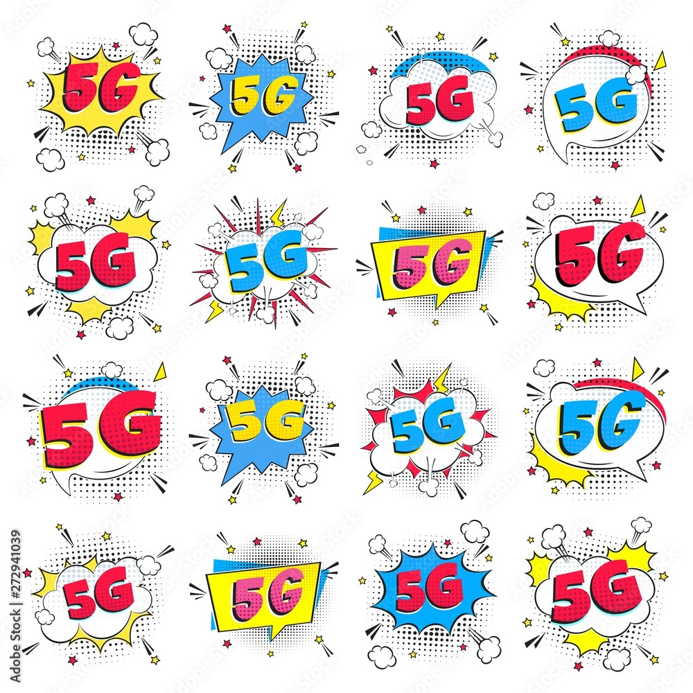 16 modern 5G wireless internet wifi connection comic style speech bubble exclamation text 5g flat style design vector illustration isolated on white background set. New mobile internet 5g sign icon.