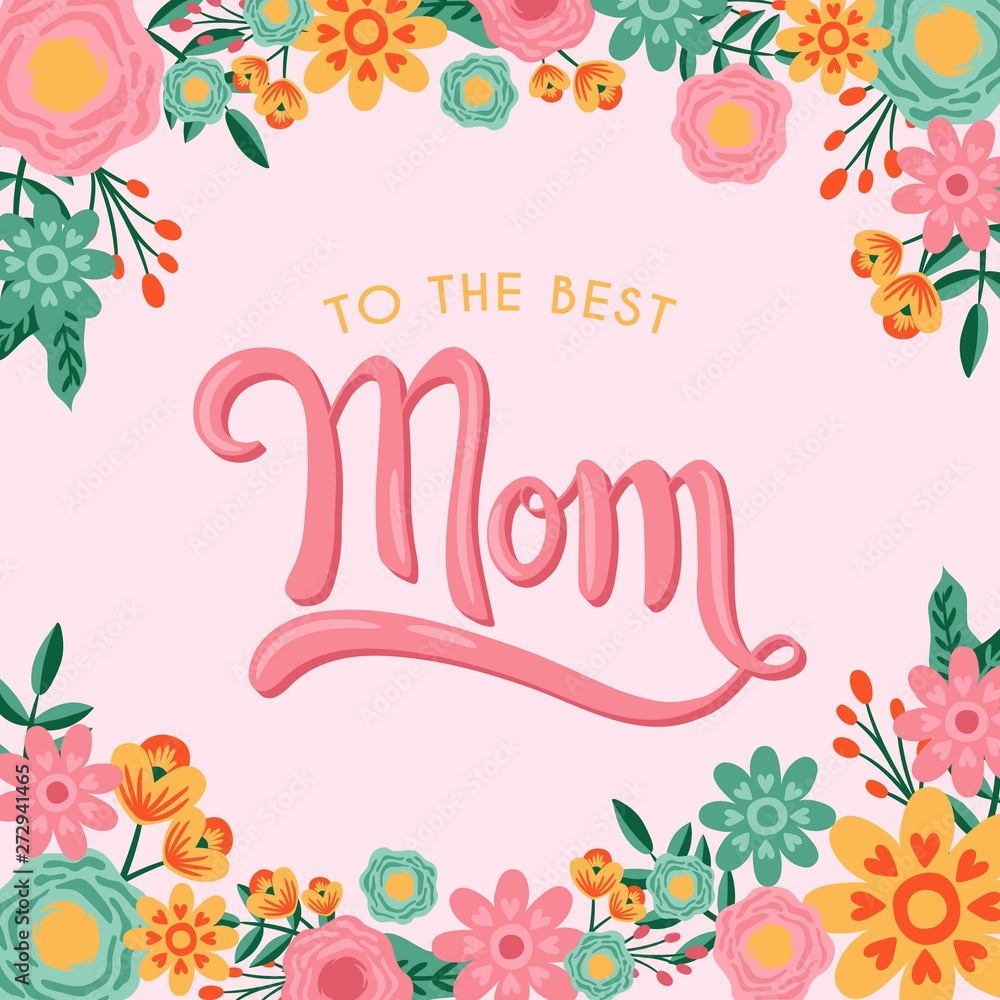 Happy Mother's Day With Hand Drawn Flower Border Wreath Vector Illustration - Hand drawn Calligraphy Lettering