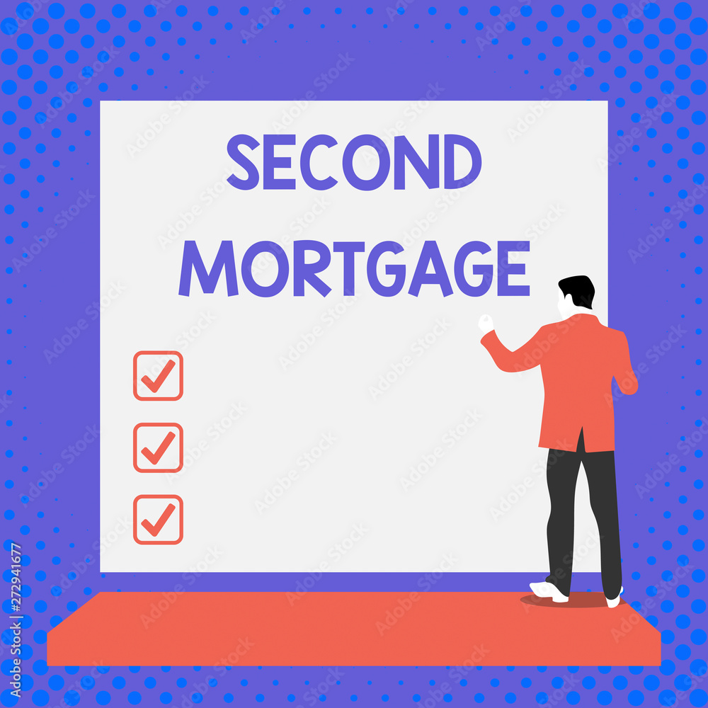 Text sign showing Second Mortgage. Business photo text lien on property which is subordinate to more senior one Back view young man dressed suit standing platform facing blank rectangle Text sign showing Second Mortgage. Business photo text lien on property which is subordinate to more senior one Back view young man dressed suit standing platform facing blank rectangle