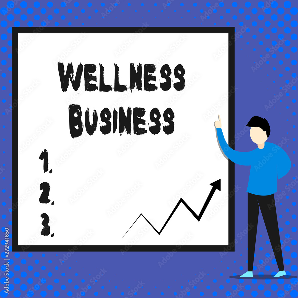 Writing note showing Wellness Business. Business concept for Professional venture focusing the health of mind and body Man standing pointing up blank rectangle Geometric background Writing note showing Wellness Business. Business concept for Professional venture focusing the health of mind and body Man standing pointing up blank rectangle Geometric background