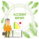 Handwriting text writing Accident Report. Conceptual photo A form that is filled out record details of an unusual event Businessman Clerk with Brief Case Standing Whiteboard Declining Bar Chart