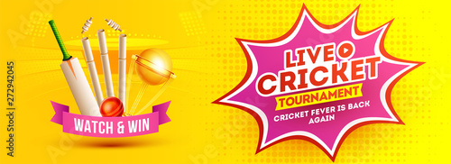 Cricket equipment and winning trophy on yellow pop art background for Live Cricket Tournament header or banner design.