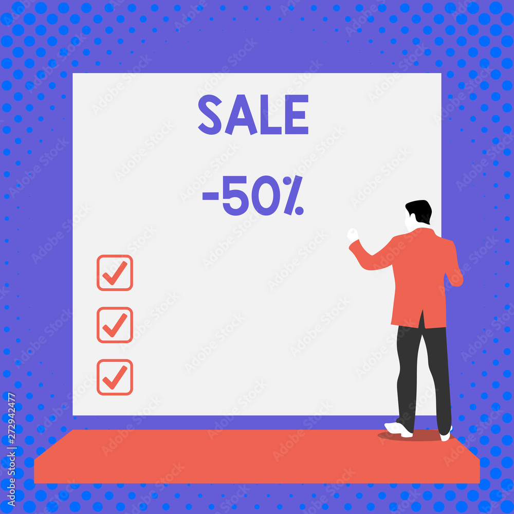 Text sign showing Sale 50 Percent. Business photo text A promo price of an item at 50 percent markdown Back view young man dressed suit standing platform facing blank rectangle Text sign showing Sale 50 Percent. Business photo text A promo price of an item at 50 percent markdown Back view young man dressed suit standing platform facing blank rectangle