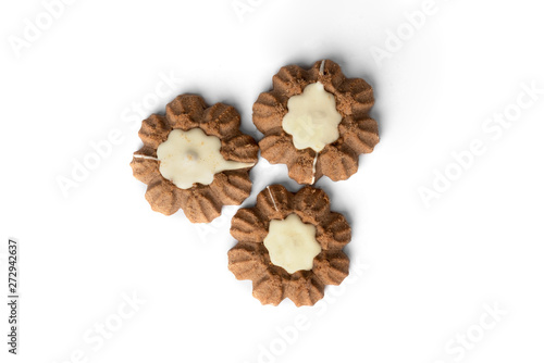 Chocolate shortbread cookies isolated on white background.