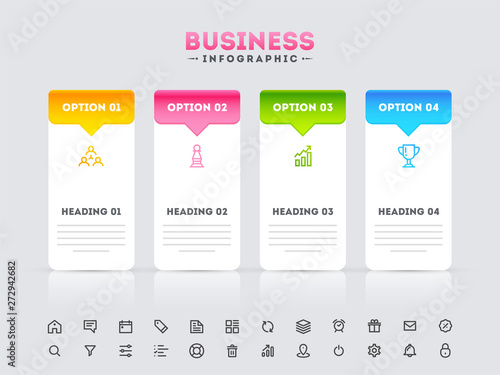 Infographic template with 4 option and web icon on gray background. Can be used for workflow, diagram, website, corporate report, advertising, marketing business.