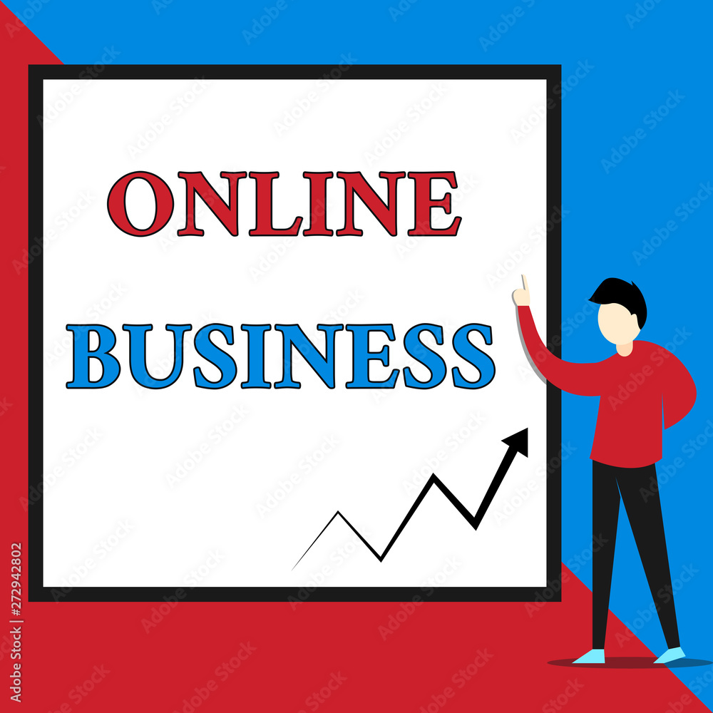 Text sign showing Online Business. Business photo text Commercial transaction sharing information in the internet View young man standing pointing up blank rectangle Geometric background Text sign showing Online Business. Business photo text Commercial transaction sharing information in the internet View young man standing pointing up blank rectangle Geometric background