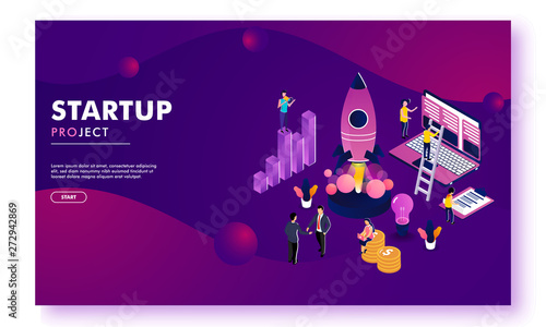 Business startup responsive landing page or hero banner design with illustration of a new entrepreneur analysis his company growth or success.