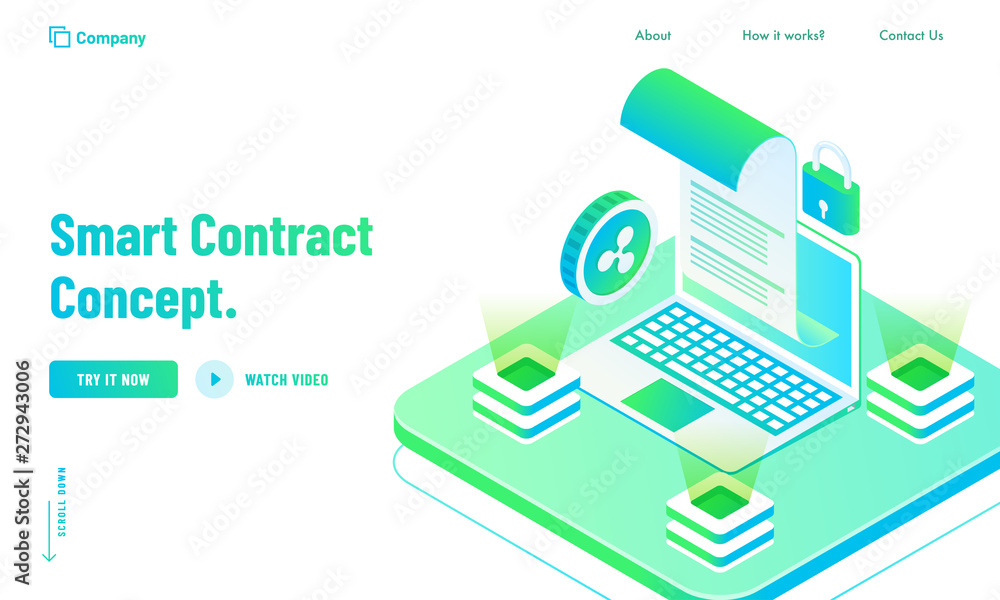 Digital Smart Contract landing page design with isometric concept of electronic equipment, blockchain technology, paper receipt of payment on green and white background.