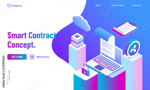 Digital electronic contract and document with data security and protection. Smart Contract Concept landing page design.