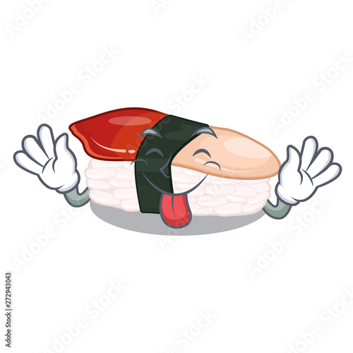 Tongue out hokkigai sushi is served cartoon table