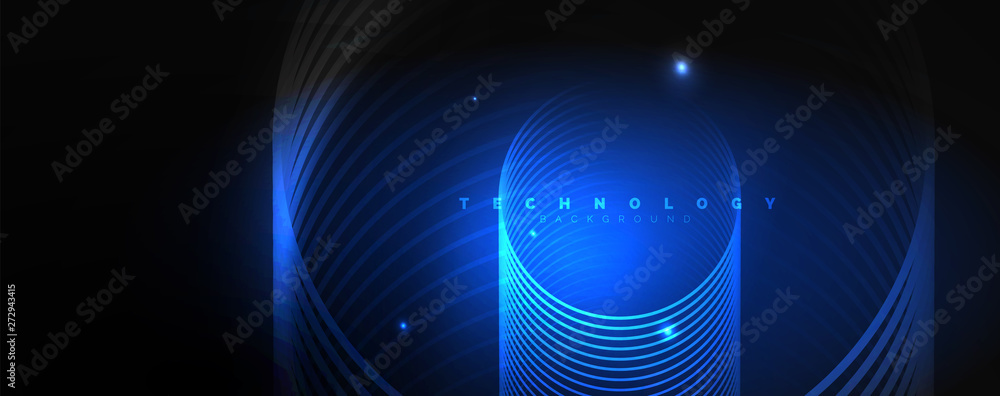Fototapeta premium Dark abstract background with bright color neon lights and lines. Glowing background