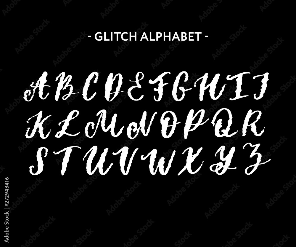 Trendy style distorted glitch typeface. Letters and numbers, vector.