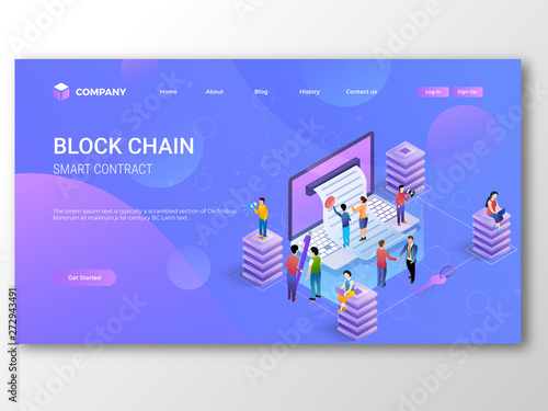 Smart Contract Blockchain landing page design with illustration of people using laptop for e-contract signature concept.