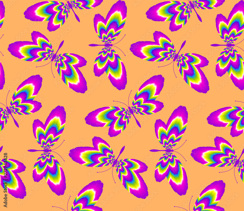 Fototapeta premium Colorful rainbow butterflies. Motion illusion. Seamless pattern.