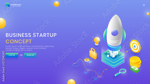 Fototapeta Naklejka Na Ścianę i Meble -  Business rocket with target, security and coin for Business Startup Concept layout or landing page design.