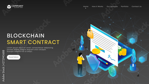 Smart contract concept with character and different equipment for Blockchain Smart Contract landing page design. Can be used for web banner, infographics or hero images