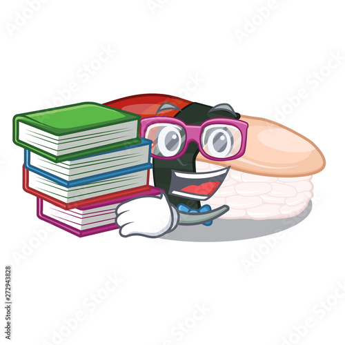 Student with book hokkigai sushi is served cartoon table photo