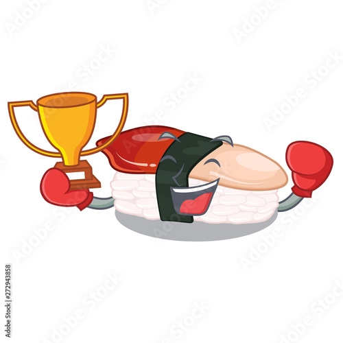 Boxing winner hokkigai sushi is served cartoon table