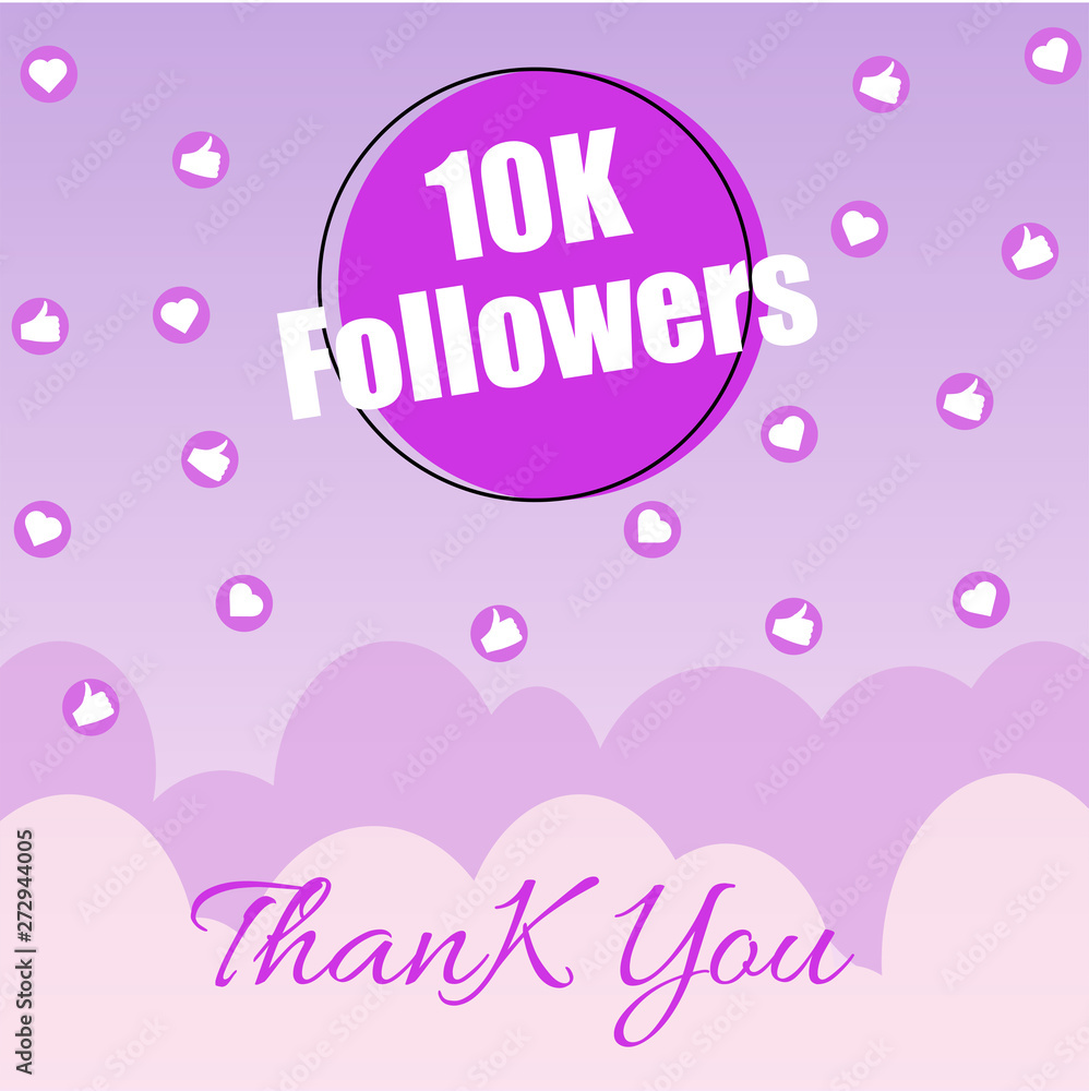 Thank you message card design with 10K followers and social networking favourite sign on purple cloudy background.