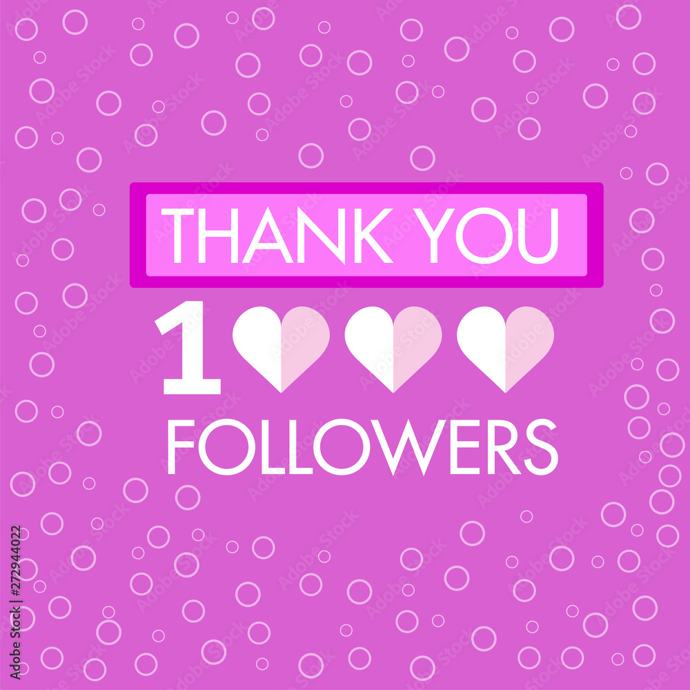 Congratulation 1000 followers thank you message on circle pattern pink background.