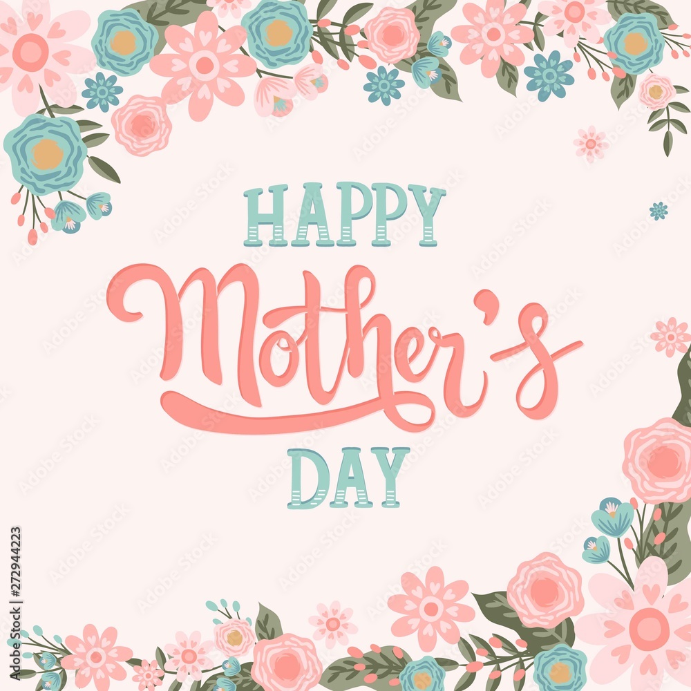 Happy Mother's Day With Hand Drawn Flower Border Wreath Vector Illustration - Hand drawn Calligraphy Lettering