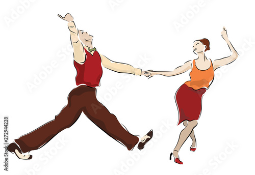 Swing dancing couple. Lindy Hop dancers swinging party