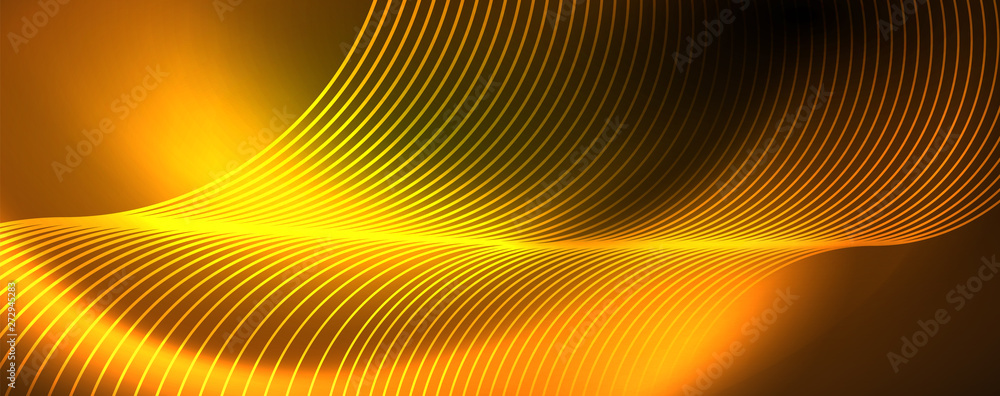 Bright neon circles and wave lines, glowing shiny background design template, digital techno concept. Bright neon circles and wave lines, glowing shiny background design template, digital techno concept.