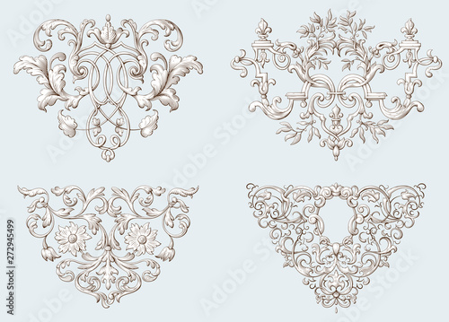 Set of vintage decorative elements with Baroque ornament. Engraving style