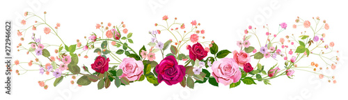 Panoramic view: bouquet of roses, gypsophile, spring blossom. Horizontal border: red, pink flowers, buds, green leaves, white background. Digital draw illustration in watercolor style, vintage, vector