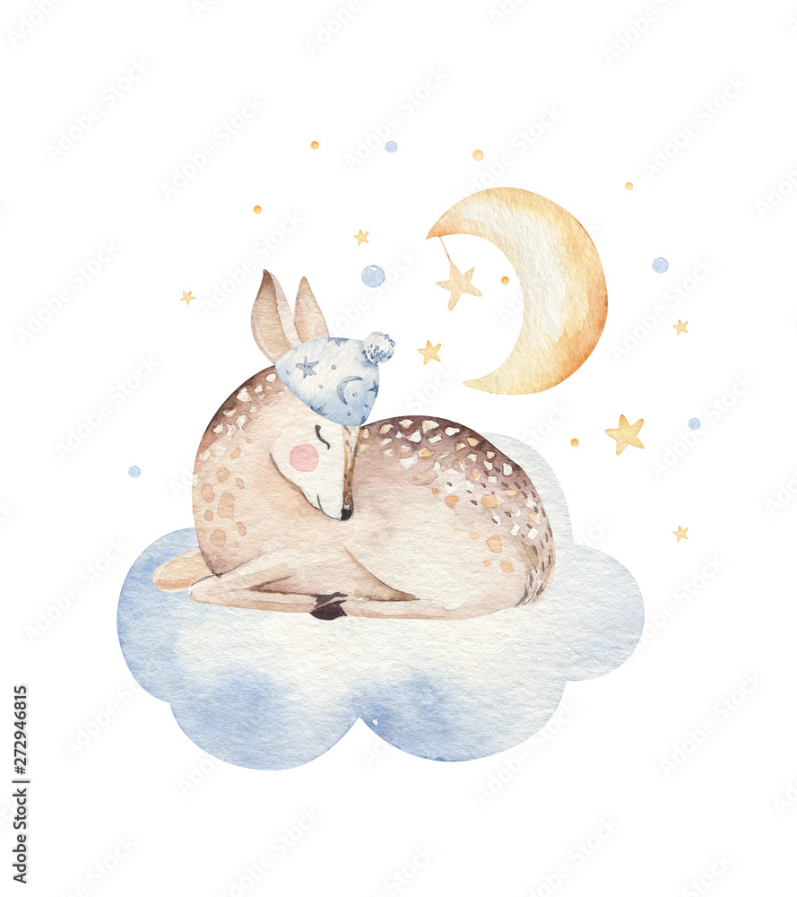 Obraz Cute dreaming kreskówka jelenia ręcznie rysowane akwarela ilustracja. Sleeping charecher dzieci nosić projektowanie mody, baby shower zaproszenia.