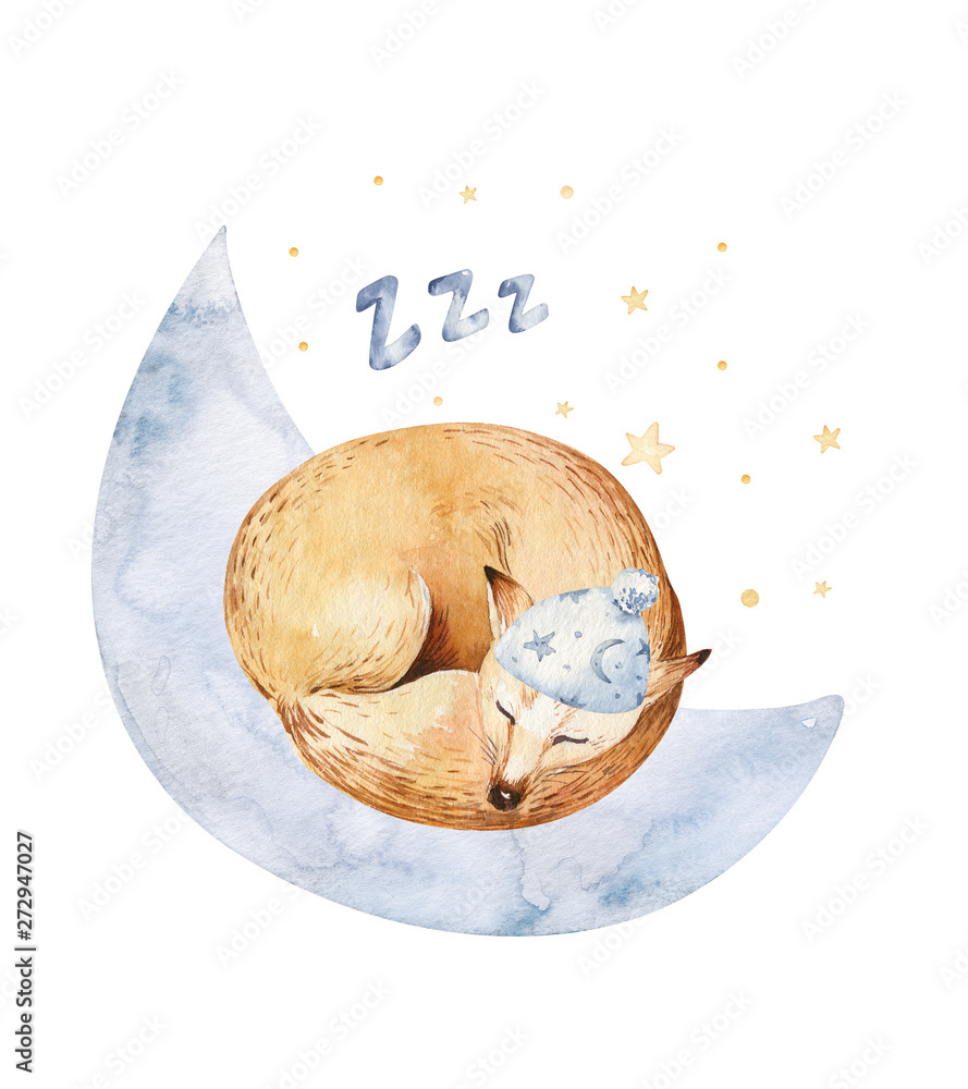Obraz Cute dreaming kreskówka Lis zwierząt ręcznie rysowane akwarela ilustracja. Sleeping charecher dzieci przedszkole nosić projektowanie mody, baby shower zaproszenia karty.