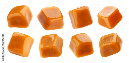 Caramel candies isolated on white background, collection