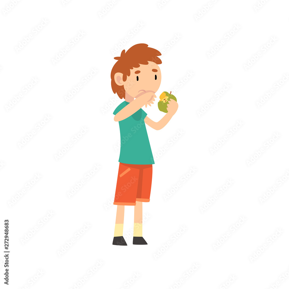 Cute Boy Does Not Want to Eat Apple, Child Does Not Like Fruits Vector Illustration Vector Illustration Cute Boy Does Not Want to Eat Apple, Child Does Not Like Fruits Vector Illustration Vector Illustration
