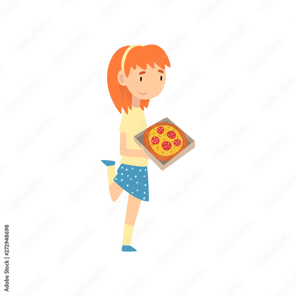 Cute Girl with Pizza, Child Enjoying Eating of Fast Food Vector Illustration Cute Girl with Pizza, Child Enjoying Eating of Fast Food Vector Illustration