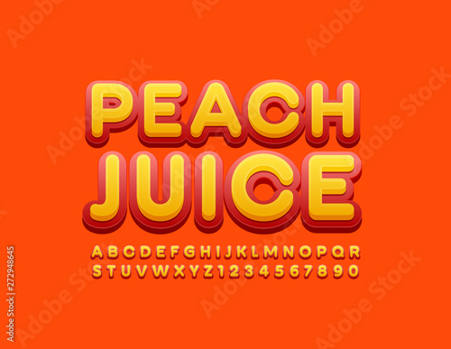 Vector bright sign Peach Juice. Red and orange Alphabet Letters and Numbers. Trendy Uppercase Font