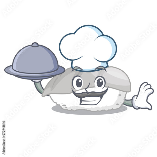 Chef with food ika sushi in the cartoon shape