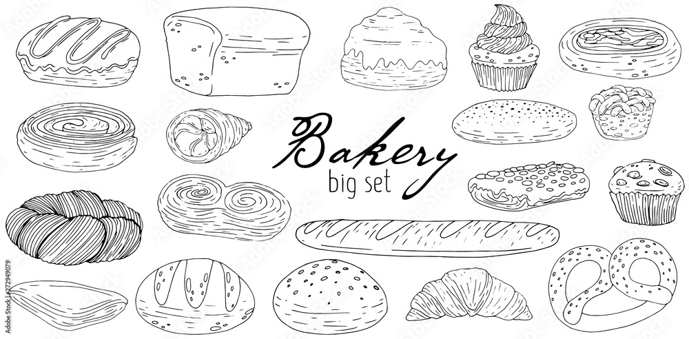 Big set elements with hand drawn bakery products isolate on a white background