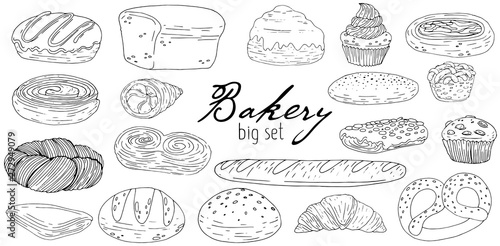 Big set elements with hand drawn bakery products isolate on a white background
